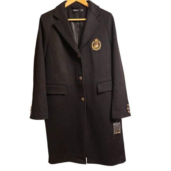 NWT Ralph Lauren Crest-Patch Wool-Blend Coat Size 12 Black - Picture 2 of 11